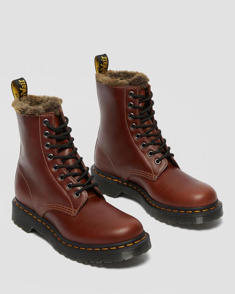 Brown Women's Dr Martens 1460 Serena Faux Fur Lined Lace Up Boots | CA 200XYU